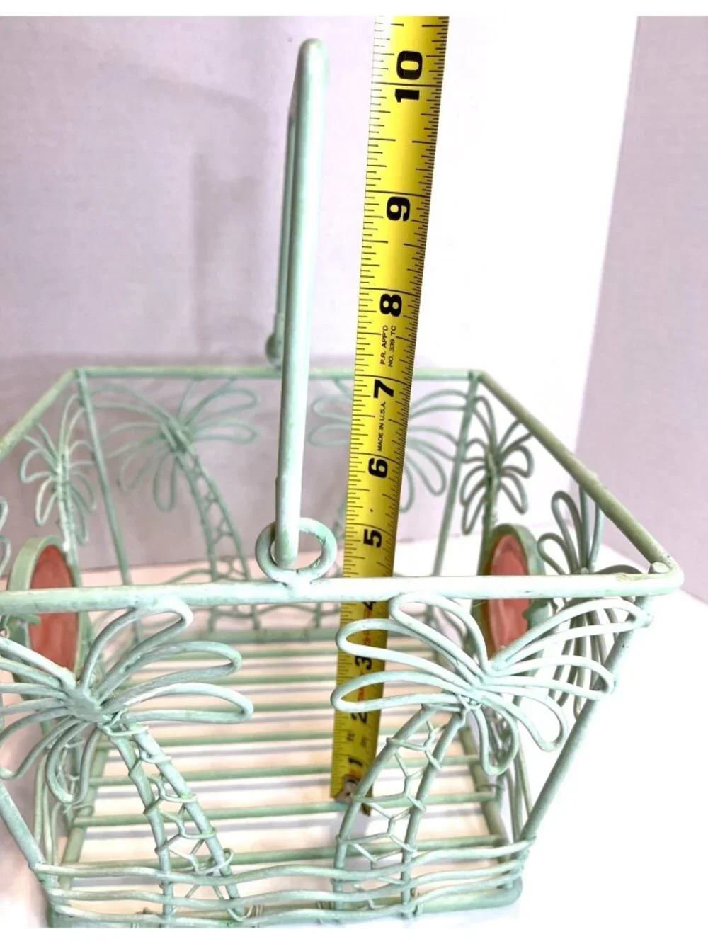 Metal Storage Basket Pink Flamingo Medallion Teal Green Palm Tree Wrought Iron